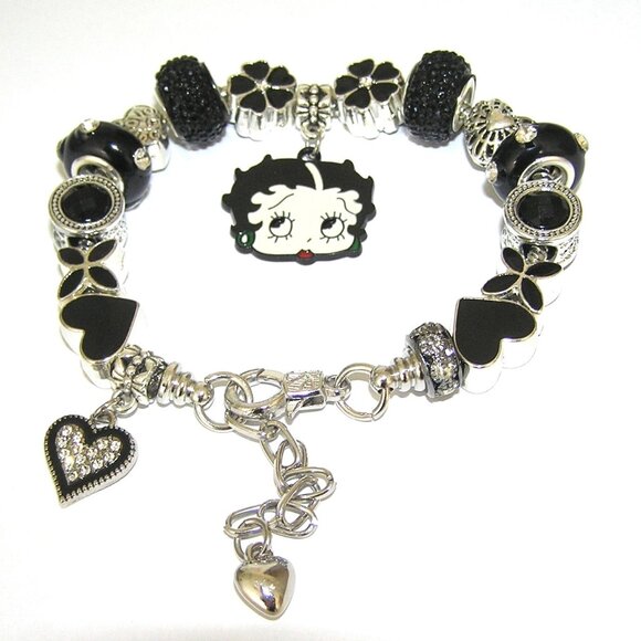 Betty Boop Bracelet With Stylish Black European Beads & Charms, Crystals, Hearts - Picture 2 of 6